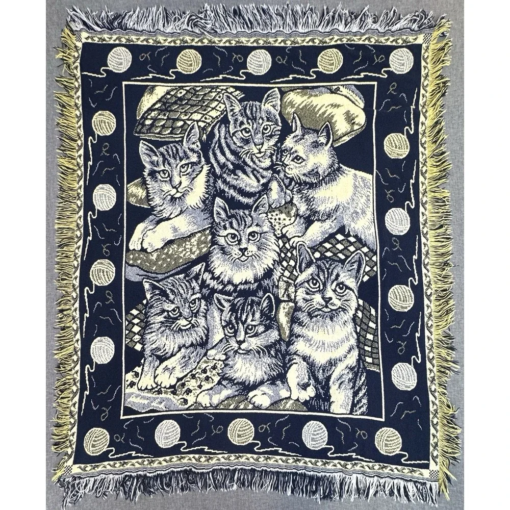 Vintage Woven Cat Kittens Throw Blanket Fringe Navy Cream 43x54 Tapestry Cottage - Picture 2 of 14